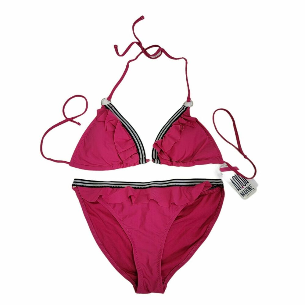 Aqua Marine Hot Pink Ruffle Triangle Bikini Swimsuit Womens Sz L Feminine Flirty